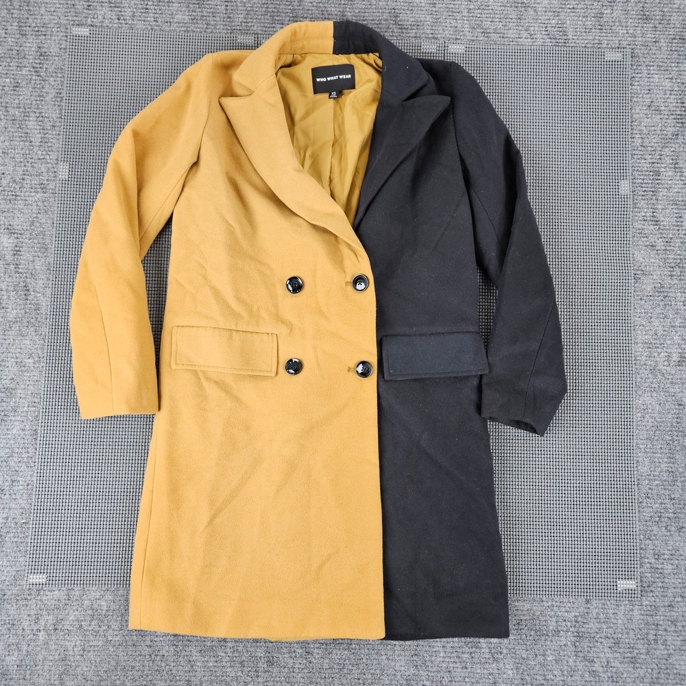 Who What Wear Overcoat Womens XS Yellow Black Colorblock Split Double Breasted